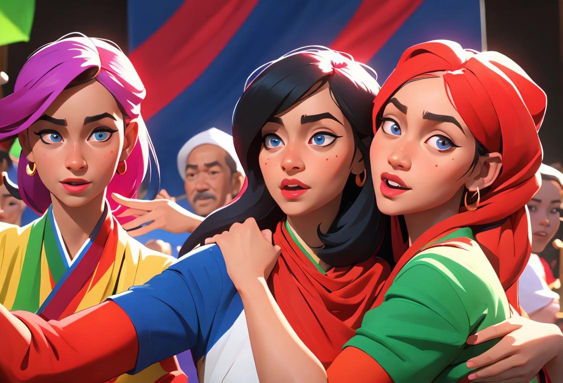 Diverse group of people from different cultures wearing colorful national attire, happily celebrating National Day with lively music and decorations..