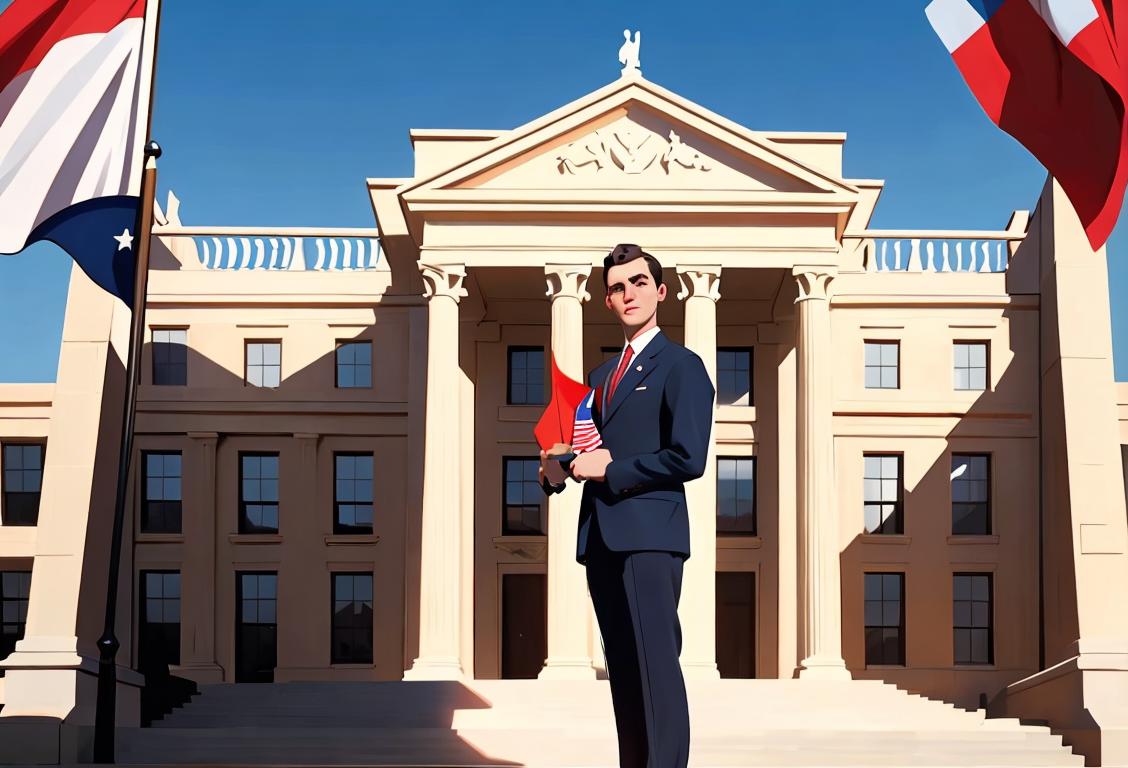 Young man wearing a suit, holding a patriotic flag, standing in front of a historic building..