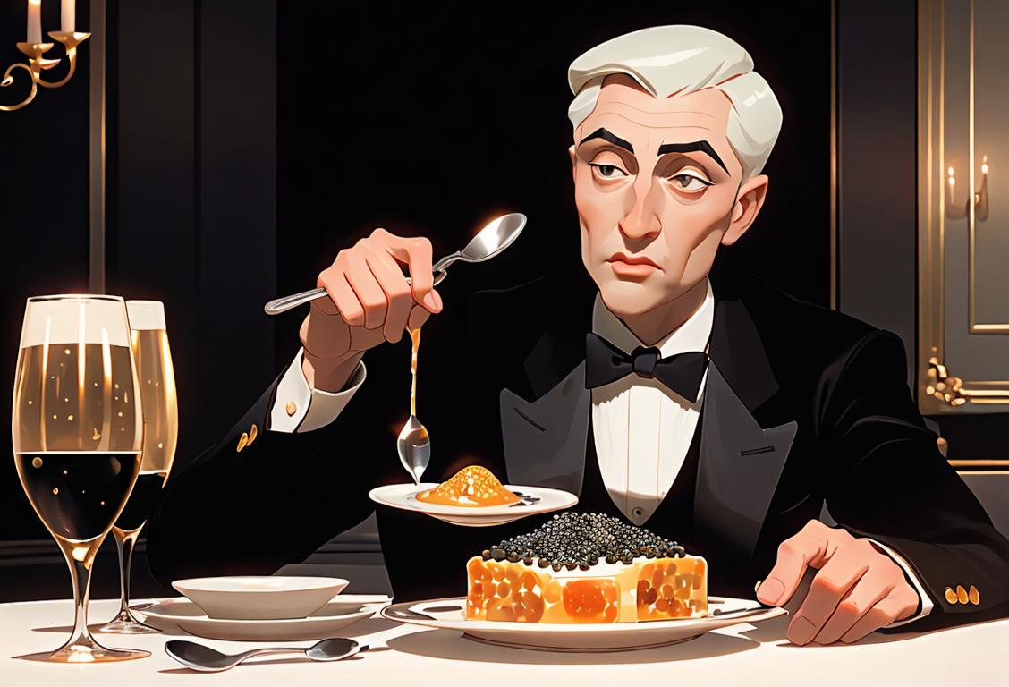 A sophisticated setting with champagne glasses and a silver spoon, showcasing an exquisite plate of caviar accompanied with elegant, well-dressed individuals..