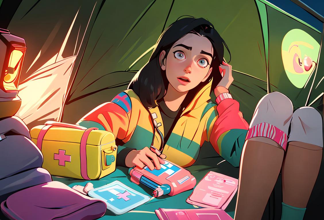 Young woman happily holding up colorful emergency socks, surrounded by various emergency items like a flashlight and first aid kit, outdoor adventure scene..