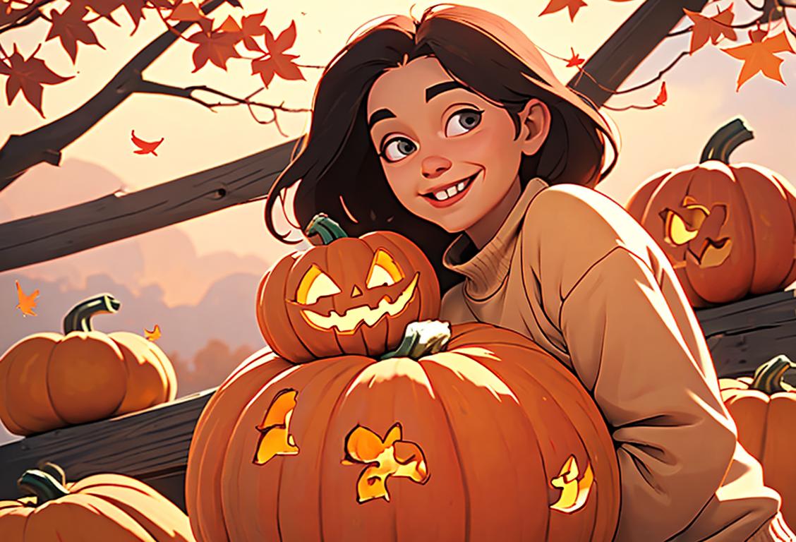 A joyful person with a smiling face holding a plump pumpkin, surrounded by autumn leaves, cozy sweater and a rustic farm backdrop..