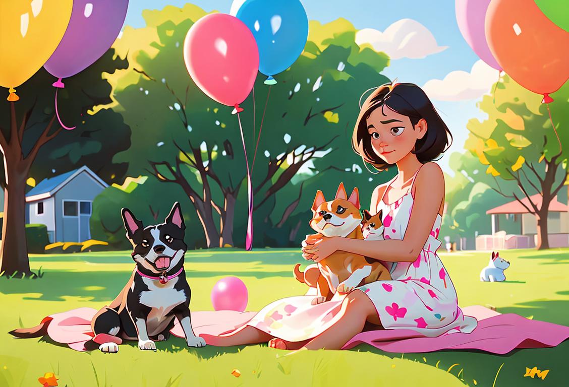 Young girl sitting on a blanket in a lush park, petting a rescue dog, wearing a cute sundress, surrounded by colorful balloons..