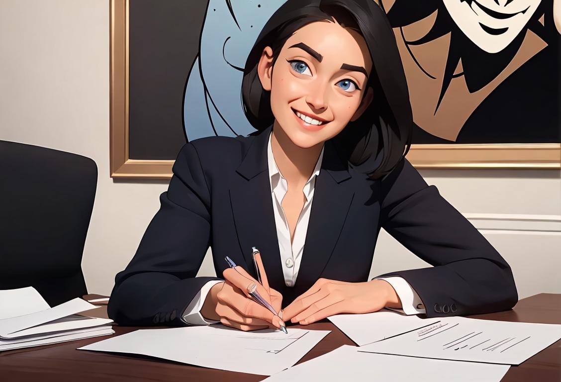 Friendly interviewer in professional attire, sitting at a desk with a notepad, interviewing candidate with a big smile..