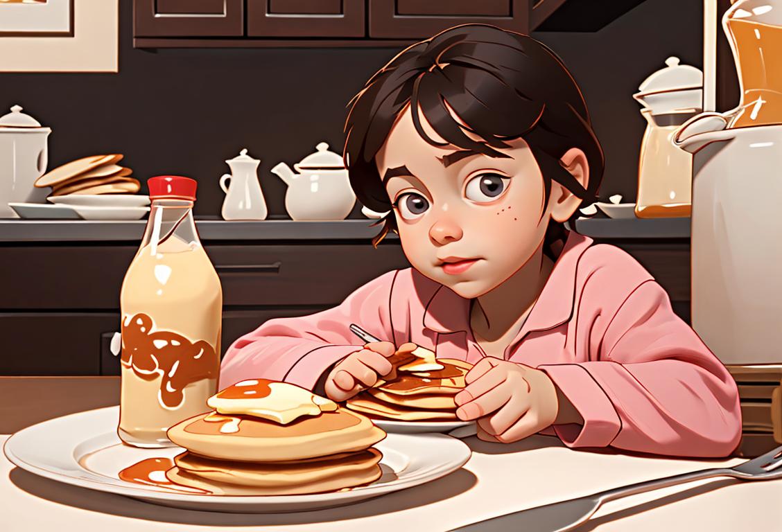 Young child enjoying a stack of pancakes, wearing pajamas, cozy kitchen setting with a bottle of maple syrup..