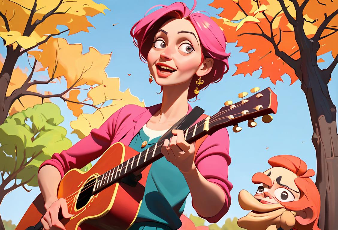 An image of a joyful woman, wearing a quirky outfit, playing a guitar in a park. The scene is filled with vibrant autumn colors, creating a whimsical atmosphere. Her unique style and free spirit capture the essence of Phoebe Buffay, celebrating the unintentional humor of National Hate Phoebe Day..