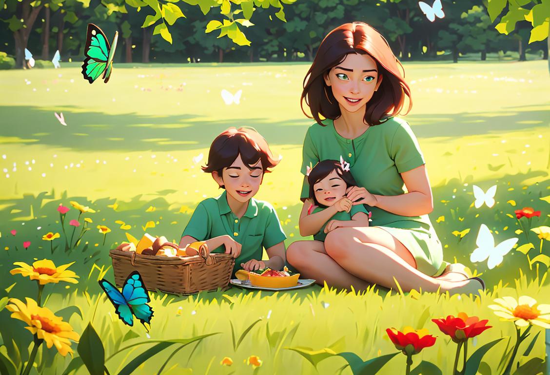 Happy family enjoying a picnic in a lush green meadow, wearing matching outfits, surrounded by blooming flowers and playful butterflies.
