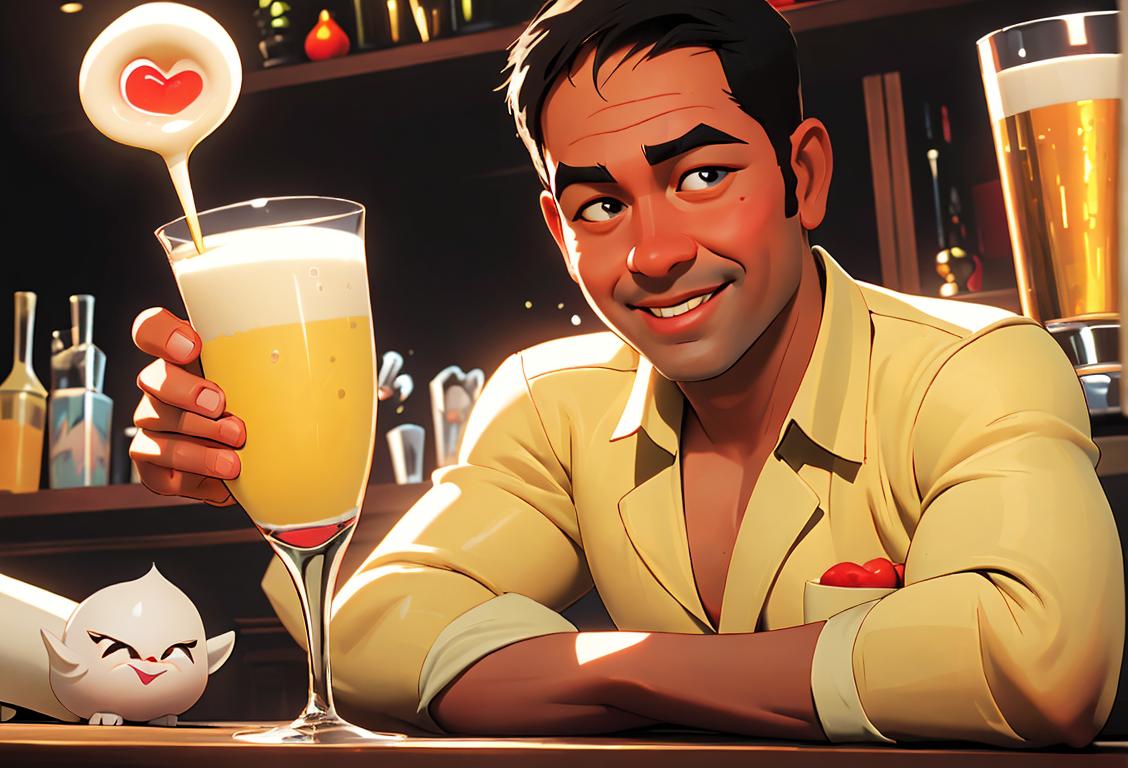 A cheerful bartender holding a glass filled with a frothy Pisco Sour, surrounded by vibrant Peruvian decorations..