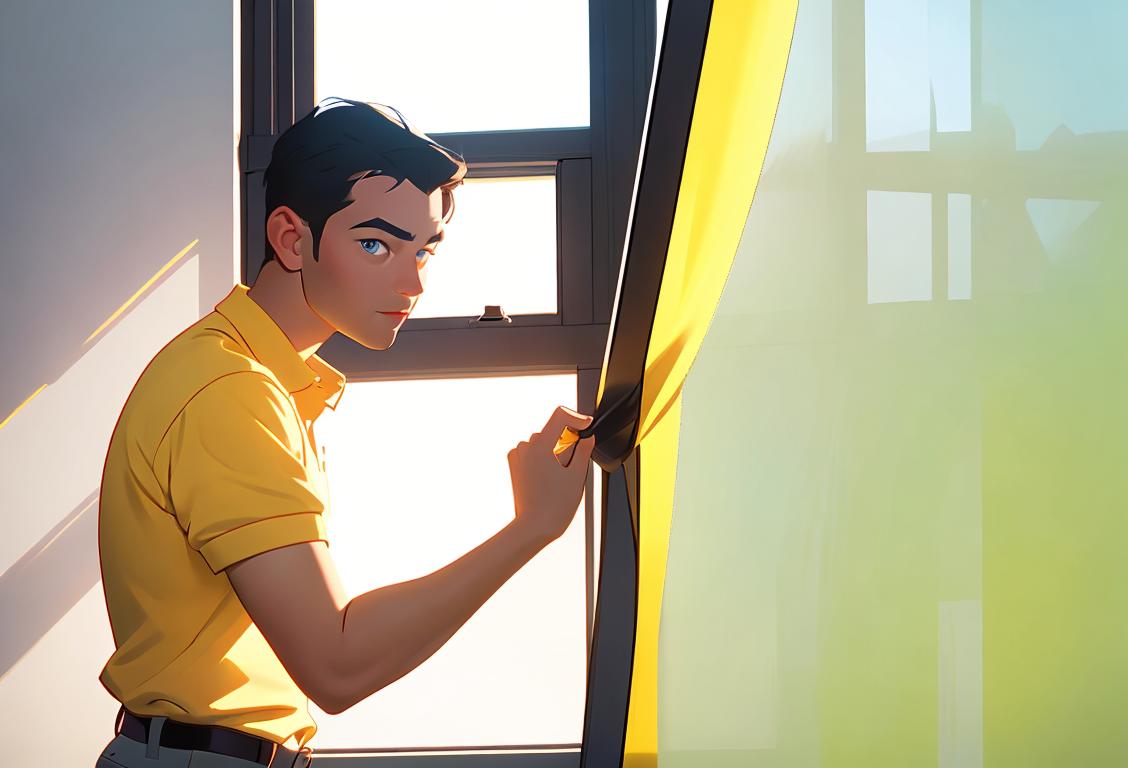 Young professional installer applying window film in a sunny room, wearing a polo shirt and protective eyewear..