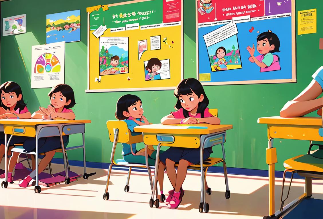 Young children sitting at desks, raising their hands, wearing colorful backpacks, in a vibrant classroom decorated with educational posters..