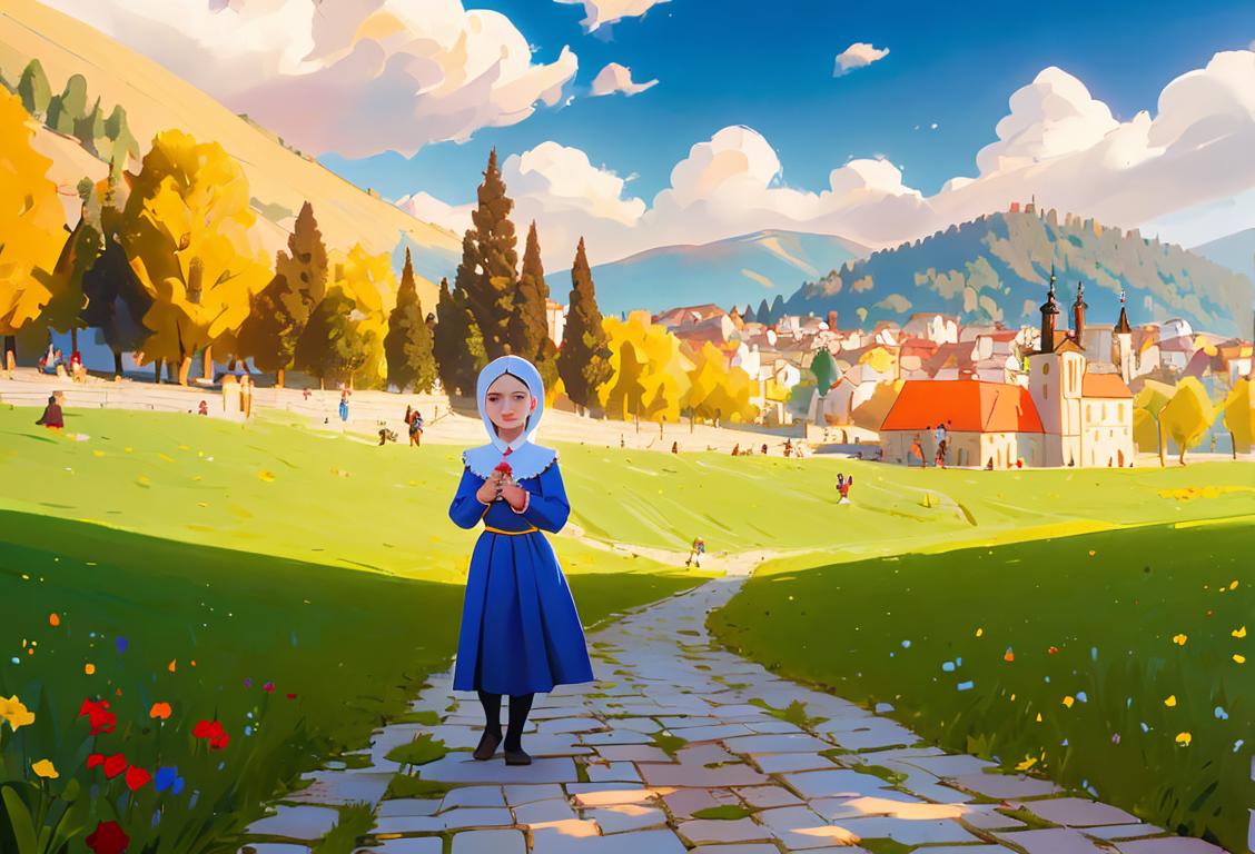 Young people wearing traditional Romanian clothing, holding Romanian flags, in a picturesque Romanian village backdrop..