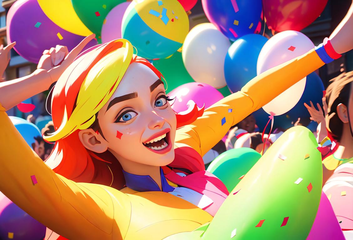 Group of diverse people wearing colorful costumes, dancing in the streets, surrounded by confetti and balloons, creating a vibrant and joyous atmosphere..