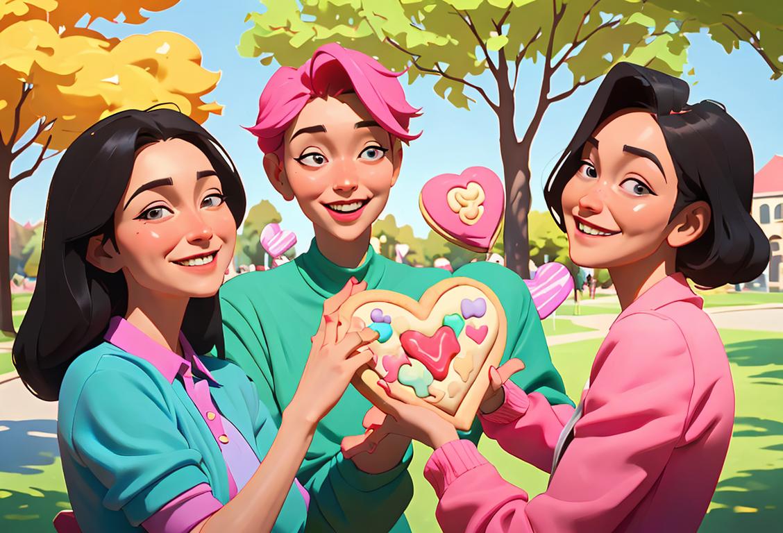 A group of diverse people engaging in acts of kindness, sharing smiles, and handing out heart-shaped cookies in a colorful park setting..