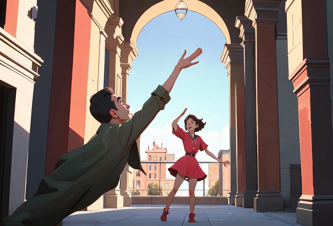 Two diverse individuals with arms outstretched in reconciliation, wearing modern clothing, in an urban setting with diverse architecture..