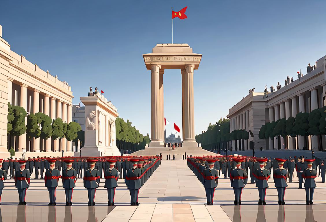 Soldiers in patriotic uniforms saluting a grand war memorial adorned with the national flag, amidst a crowd of proud citizens, set against a backdrop of historic architecture..