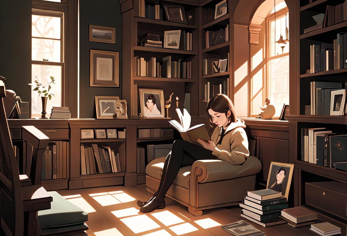 A person reading a book of poetry, sitting in a cozy corner of a library, surrounded by shelves filled with books..