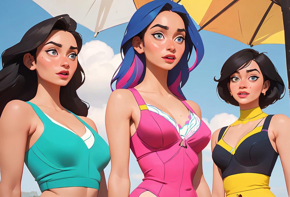 A diverse group of women joyfully wearing colorful bras, showcasing different styles, patterns, and sizes, in a vibrant and inclusive outdoor setting..