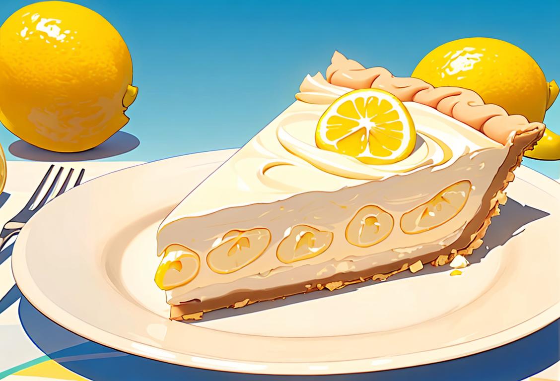 Joyful person holding a slice of lemon creme pie, wearing a retro polka dot dress, picnic scene with sunny blue sky..