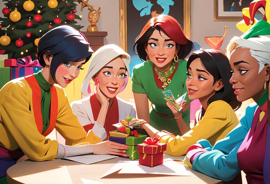 A diverse group of people, wearing colorful attire, gathering around a table with thank you cards and gifts, in a vibrant, festive setting..