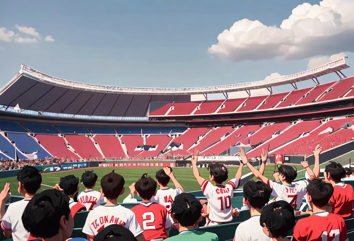 A group of diverse people cheering in the stands of the National Stadium in Tokyo, wearing team jerseys and waving flags, surrounded by a modern city skyline.