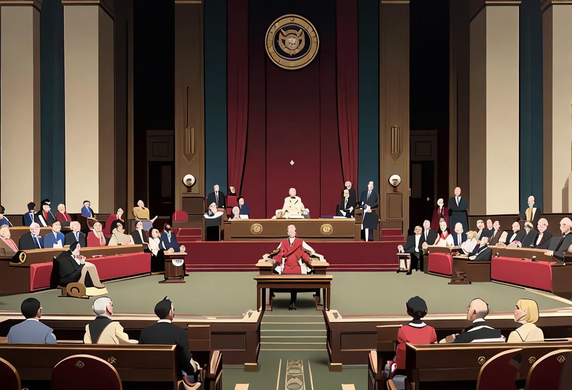 A diverse group of senators sitting in a grand assembly hall with the national flag in the background, dressed in formal attire, engaged in discussion and decision-making..