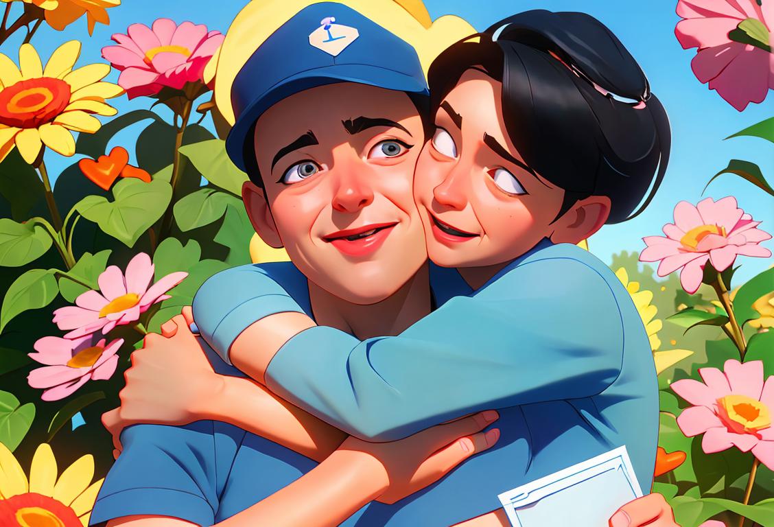 A heartwarming image of a person embracing their mailman, expressing love and gratitude. The mailman is wearing their postal uniform, and the scene showcases a friendly neighborhood with colorful houses and blooming flowers..