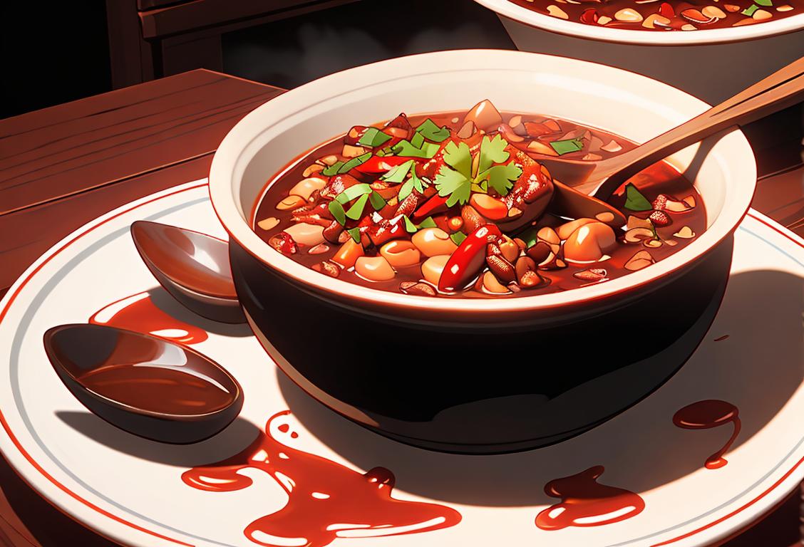 Bowl of steaming chili, spicy red peppers, wooden spoon, cozy winter setting, chef's apron and oven mitts..