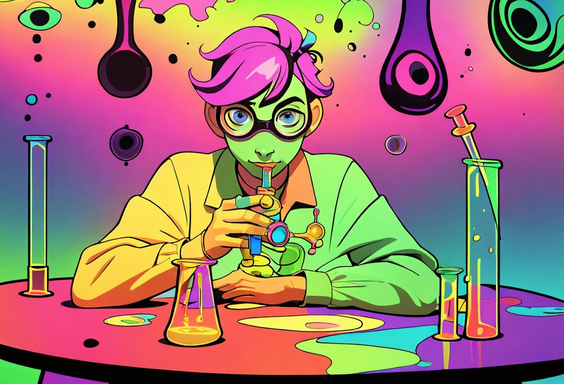 A person wearing colorful clothing, surrounded by a psychedelic backdrop, holding a test tube, with a beaker and safety goggles on a table nearby..