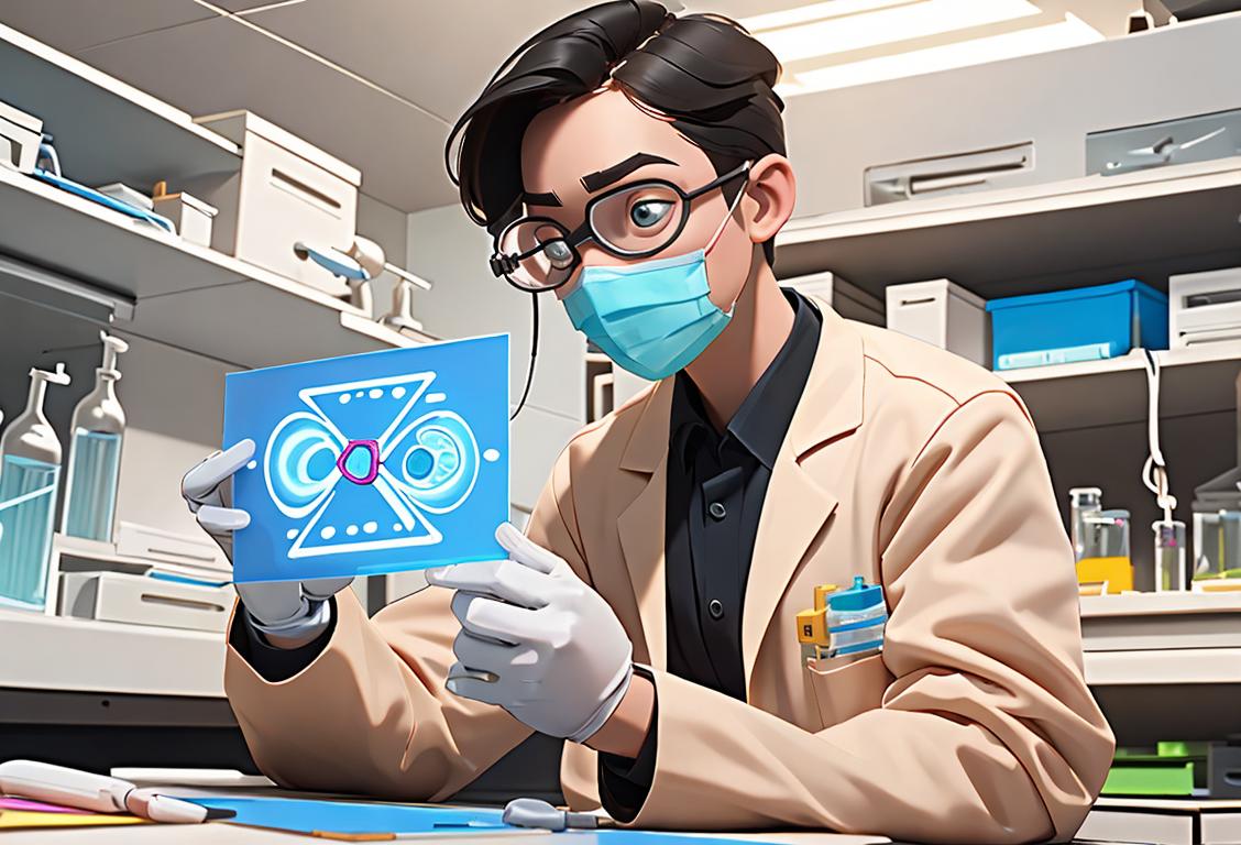 Young person in a lab coat holding a DNA double helix model, wearing safety goggles, modern laboratory setting..