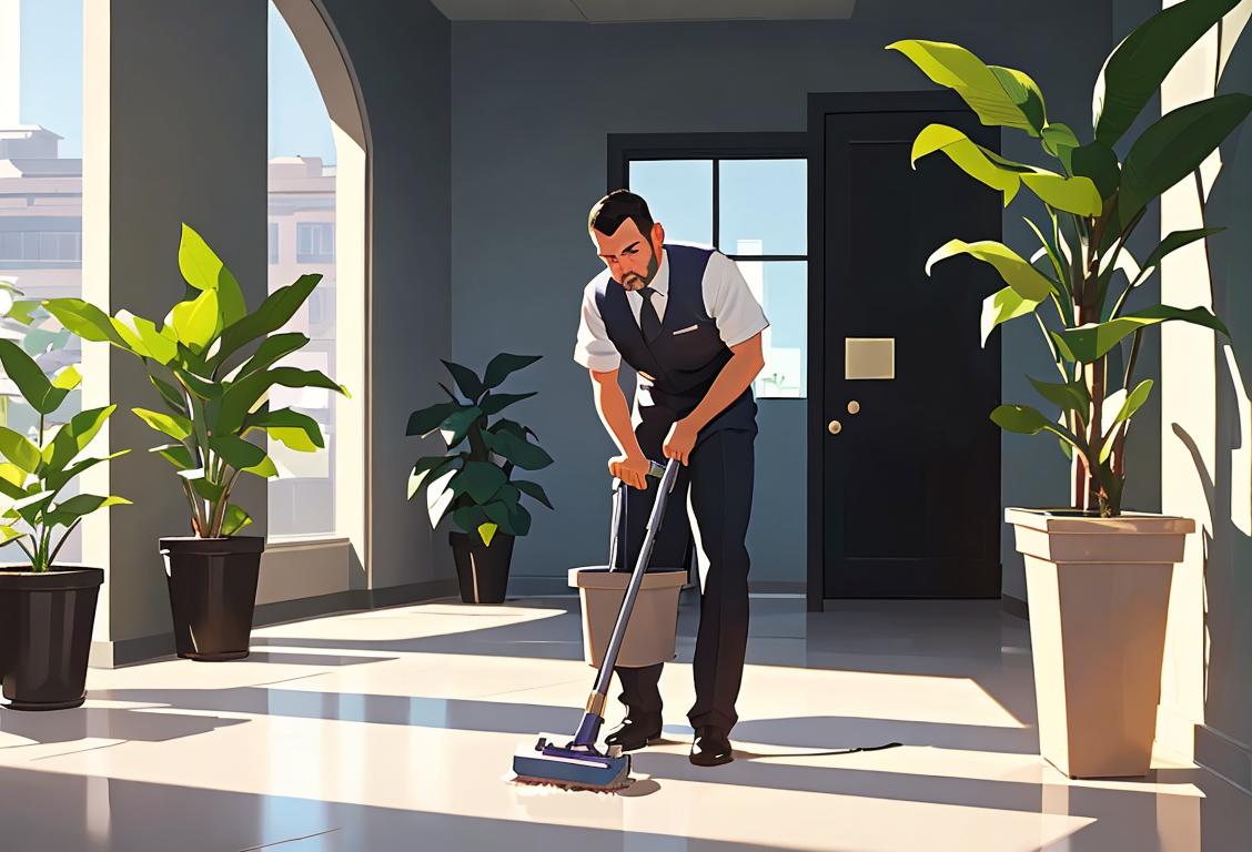 A janitor in a clean, crisp uniform diligently working in a brightly lit office, surrounded by potted plants and modern architecture..