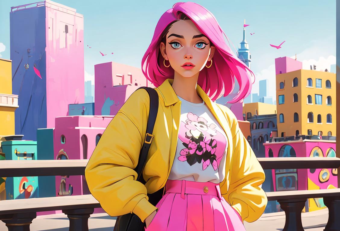 Young woman dressed in a vibrant outfit, rocking the latest fashion trends, amidst a bustling cityscape - celebrating National Clothes Day with flair!.