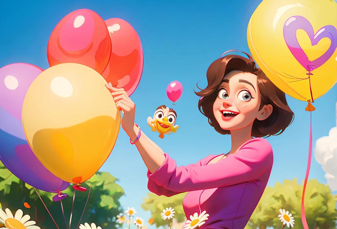 Happy people holding colorful balloons, spreading joy and positivity in a sunny park.