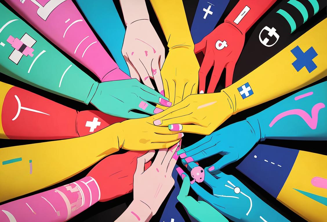 A diverse group of people, wearing colorful clothing, holding hands and smiling, surrounded by medical symbols and the words 'National Vaccine Day'..