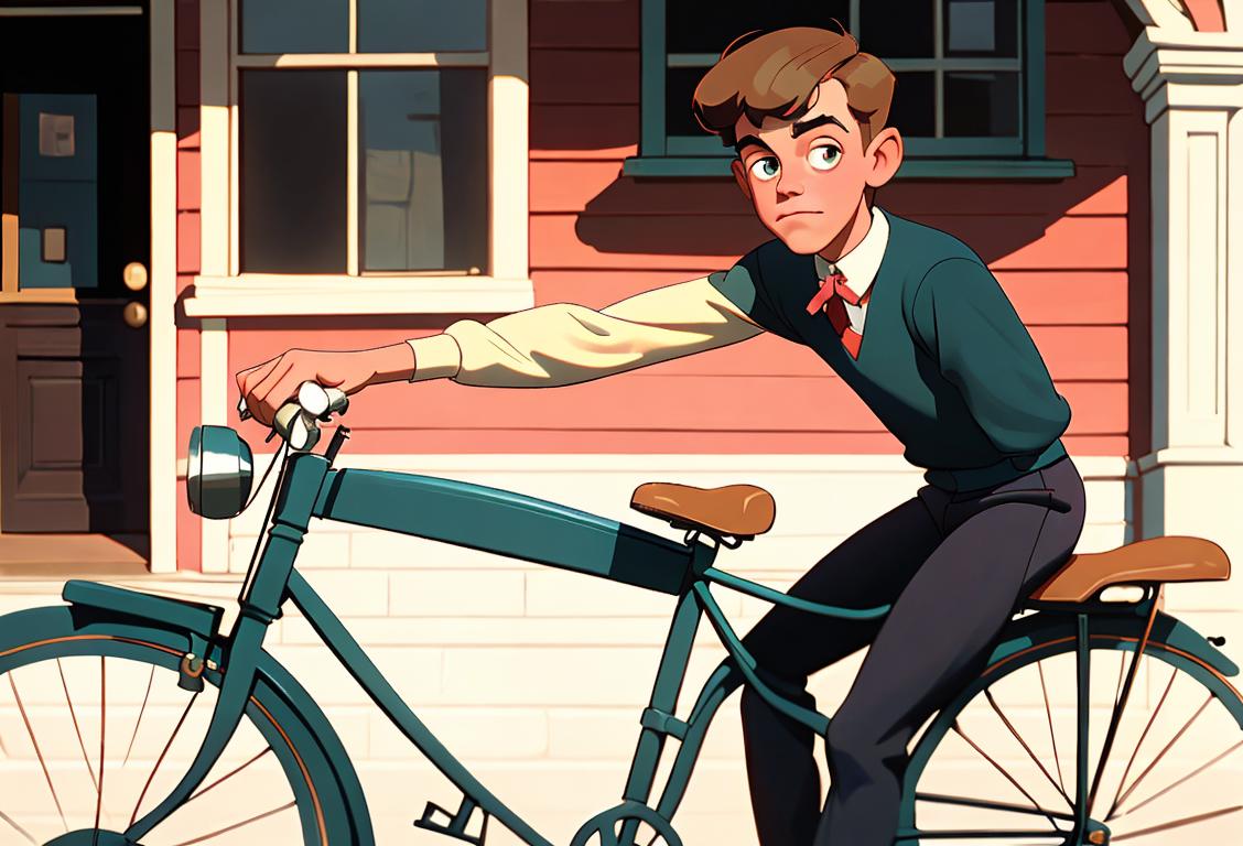 Young man named Vernon riding a vintage bicycle, wearing a retro-style outfit in a charming small town setting..