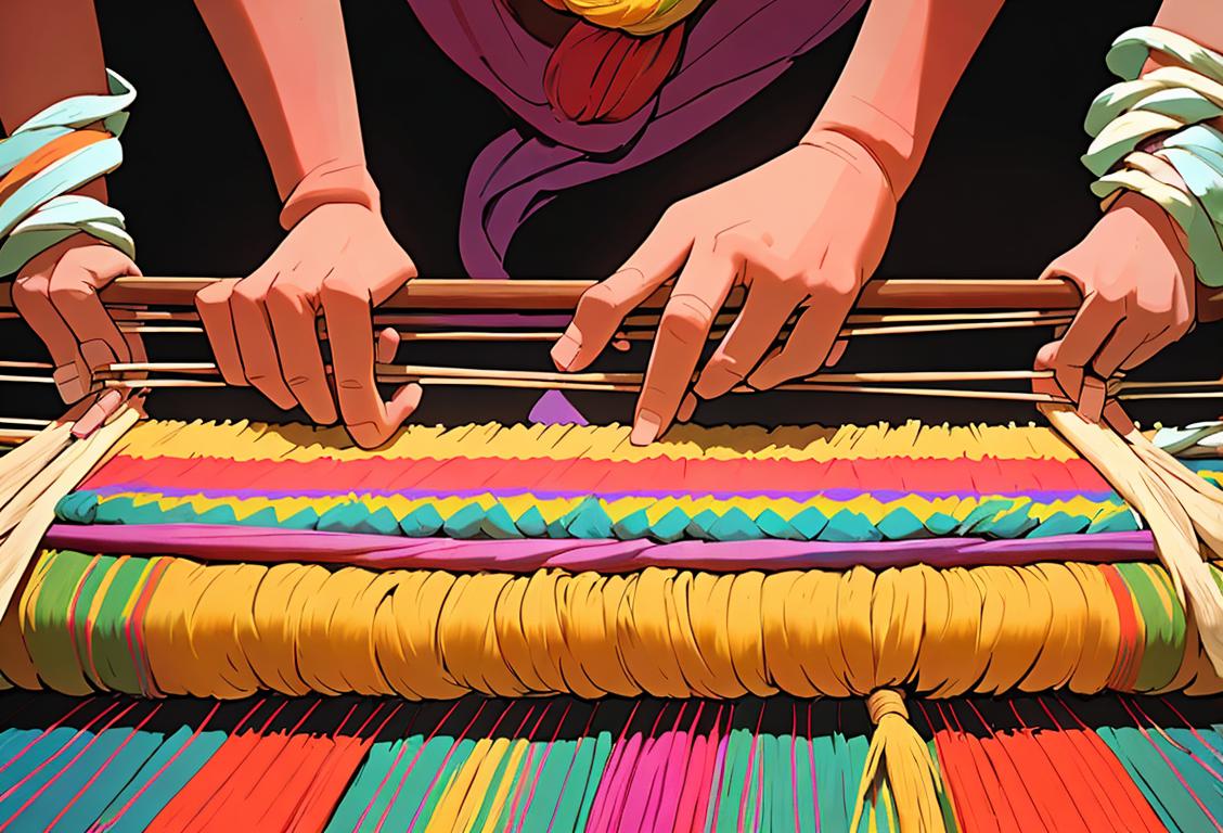 A proud handloom weaver holding a vibrant, intricately woven fabric, adorned in traditional attire, amidst a backdrop of colorful looms and bustling weaving community..