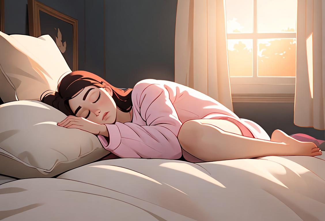 Illustration of a cozy bed with pillows, soft blankets, and the sun peaking through the curtains. Pajamas and slippers nearby, capturing the essence of a perfect sleep-in day..