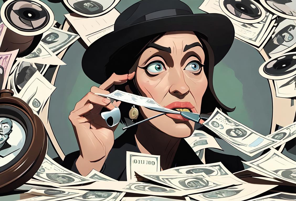 A person wearing a detective hat, holding a magnifying glass, surrounded by money and scam-related items..