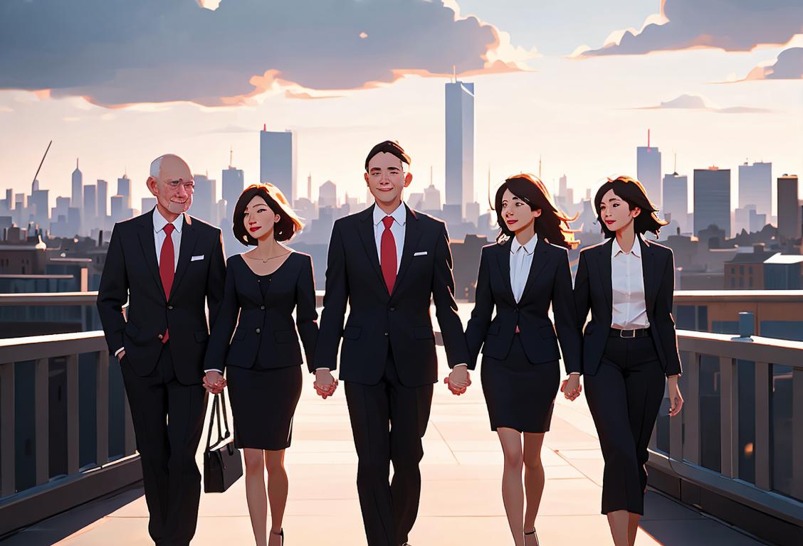 A group of diverse people holding hands, wearing business attire, against a backdrop of a city skyline..