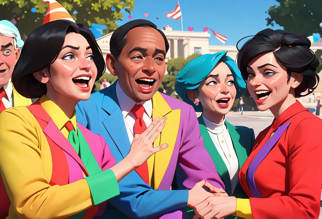 A group of people laughing and wearing colorful clothing, celebrating National Bash Your President Day in a festive outdoor setting..