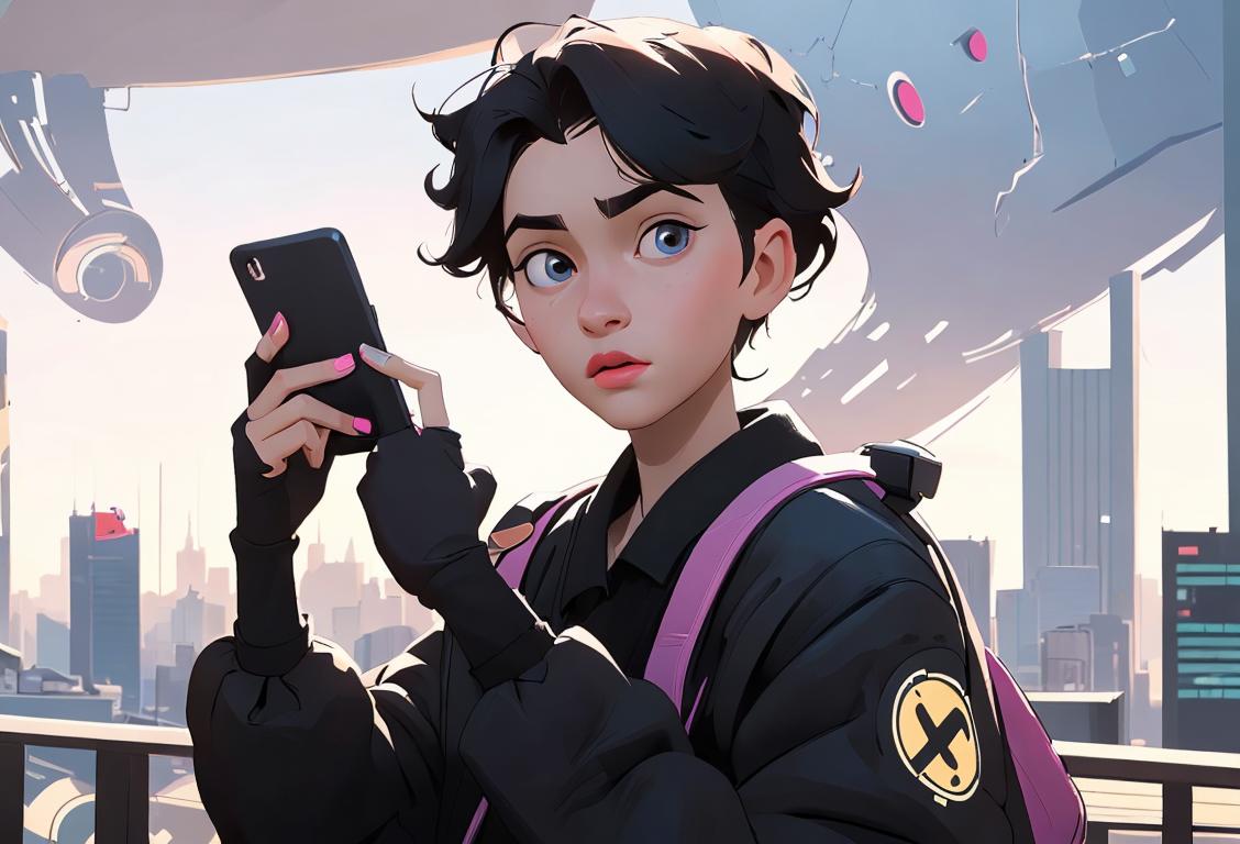 Young person in trendy attire, holding a smartphone with National iD the Next Day logo, surrounded by futuristic digital elements and cityscape..