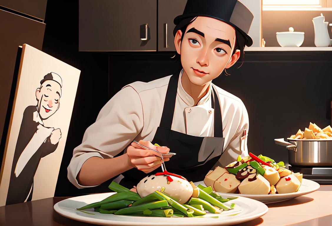 Young chef holding a plate of tofu dishes, wearing a chef hat and apron, kitchen bustling with soy-based delicacies..