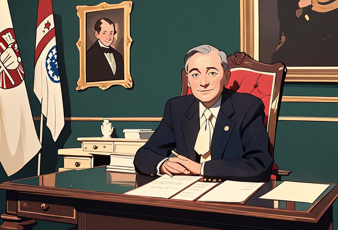 Happy person dressed in formal attire, sitting alone in an office adorned with flags and a constitution, celebrating National Government to One Day..