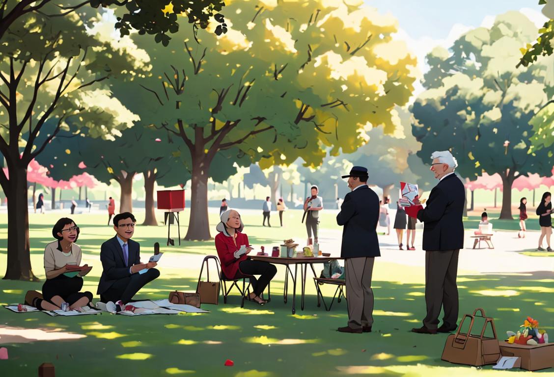 A diverse group of people enjoying a picnic in a park, wearing casual and stylish outfits, surrounded by ballot boxes and political props..