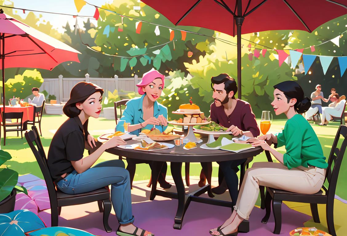 Group of friends surrounding a table filled with a variety of colorful dips, wearing casual attire, lively backyard gathering..