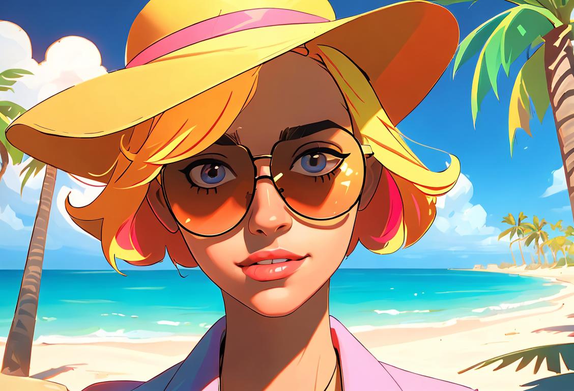 Sunglasses reflecting a sunny beach, a fashionable person with colorful shades, summer vibes, palm trees in the background..