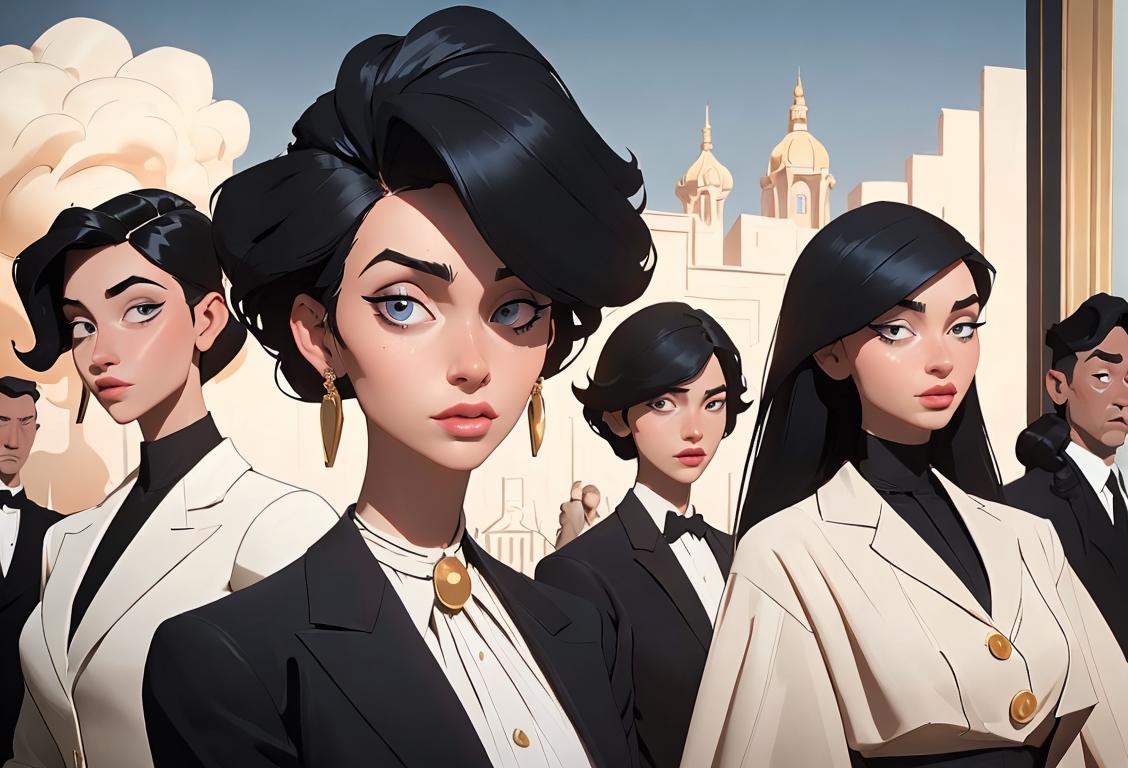 A group of confident individuals with impressive hairstyles, wearing stylish attire, surrounded by a glamorous cityscape..