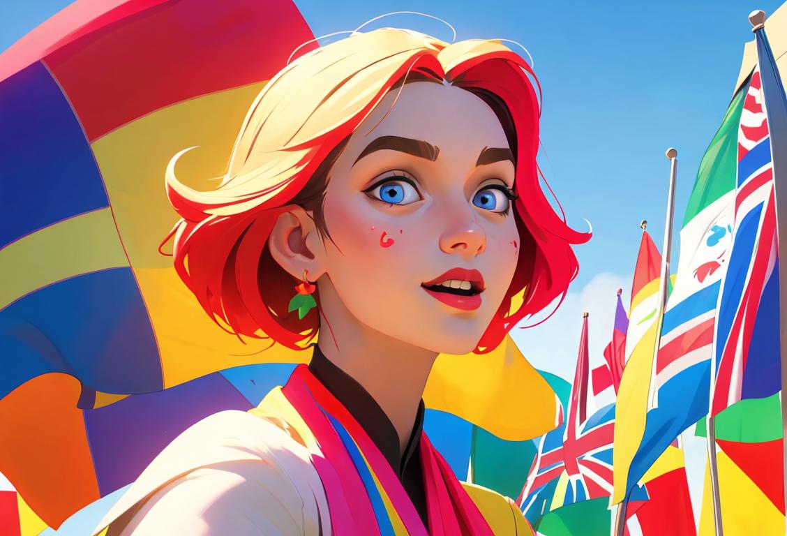 Joyful young woman, dressed in colorful attire, surrounded by international flags..