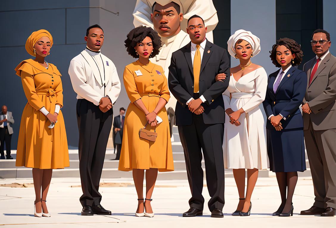 A diverse group of people wearing outfits reflecting different periods of African American history, posing in front of the National Museum of African American History and Culture on MLK Day..