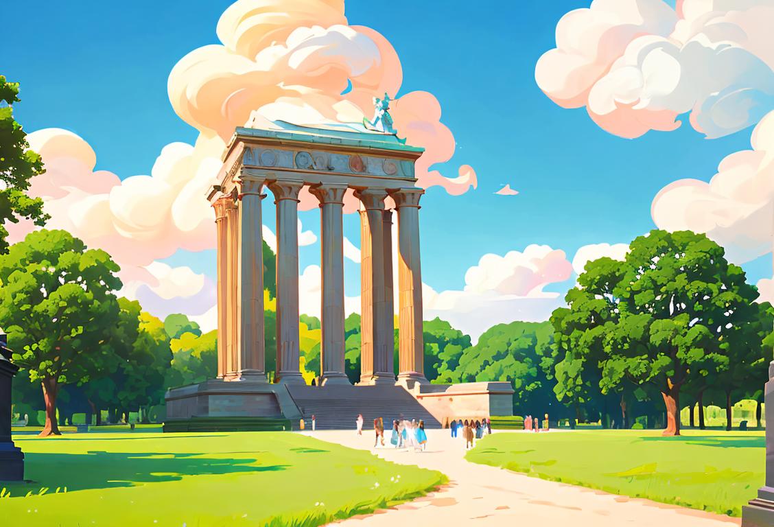 Group of diverse people admiring a majestic national monument, wearing casual attire, surrounded by lush greenery and blue skies..