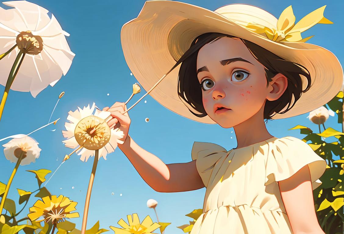 Bubbly child blowing dandelion seeds in the wind, wearing a sun hat, summery dress, vibrant garden setting..