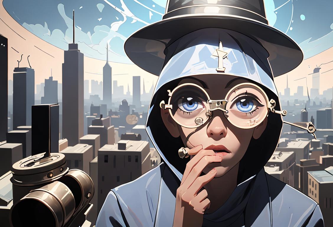 Illustration of a person wearing a tin foil hat, surrounded by conspiracy theory symbols like an eye, question mark, and magnifying glass, in a futuristic cityscape..